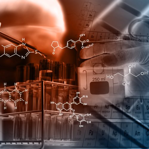 Laboratory glassware containing chemical liquid, science research,Double exposure of scientist and test tubes, laboratory concept.with chemical equations